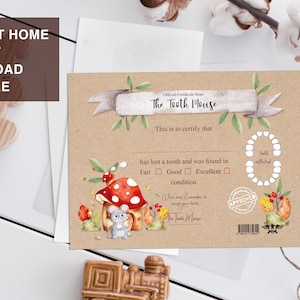 Puede incluir: Un certificado imprimible de la Ratona de los Dientes, con un dibujo animado de un ratón en una casa de hongo. El certificado es para un diente perdido e incluye un gráfico de dientes y un espacio para marcar la condición del diente como bueno, regular o excelente.
