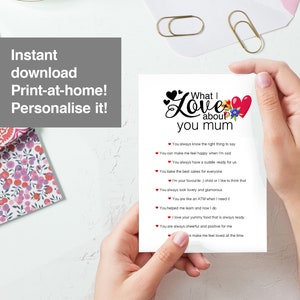 Imprimer à la maison - Carte de fête des mères - "Ce que j'aime/nous aimons à propos de..." - Carte personnalisée - Téléchargement PDF modifiable