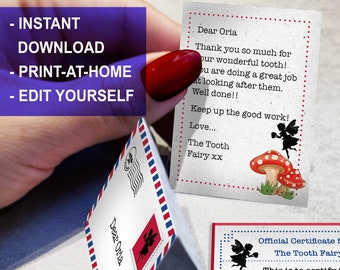 Print-at-home - Tooth-Fairy letter, certificate & envelope - Personalise in minutes - Only Name can be edited - PDF Instant Download