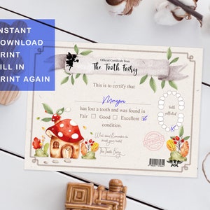 Tooth Fairy, Fairy certificate, Lost tooth, Print-at-home, Instant download, For all teeth, Fill in, Personal use only, Keepsake, cute