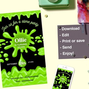 Slime birthday, party invitation, Personalised invite, editable, Instant download, print or send, via WhatsApp, girl, boy, teen