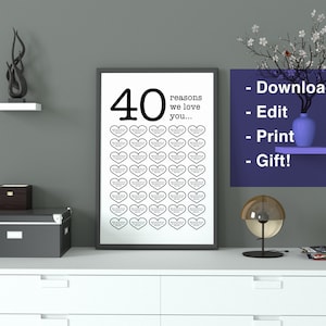 40歳の誕生日 - 私たちがあなたを愛する40の理由 - パーソナライズされたポスター - それぞれのハートにメッセージを追加/編集 - 編集可能な即時ダウンロードPDF - グループギフト