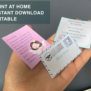 Print-at-home - Instant download Mini Tooth Fairy set/certificate & envelope - First tooth- Personalise in minutes - Editable PDF Download