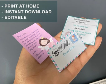 Print-at-home - Instant download Mini Tooth Fairy set/certificate & envelope - First tooth- Personalise in minutes - Editable PDF Download