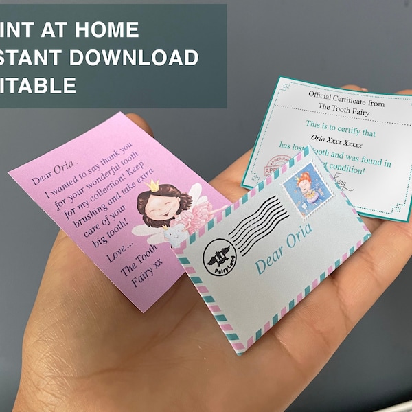 Print-at-home - Instant download Mini Tooth Fairy set/certificate & envelope - First tooth- Personalise in minutes - Editable PDF Download