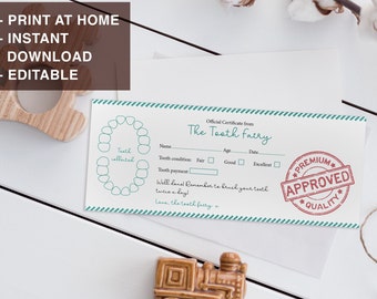 Print-at-home - Instant download Tooth Fairy Certificate - Editable PDF Download