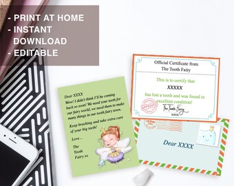 Print-at-home - Consecutive teeth - Instant download Mini Tooth Fairy set/certificate & envelope - Personalise in minutes - Editable PDF