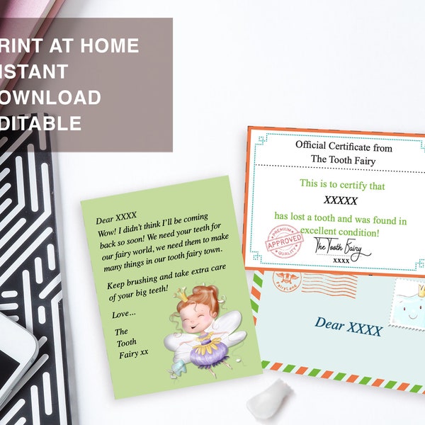 Print-at-home - Consecutive teeth - Instant download Mini Tooth Fairy set/certificate & envelope - Personalise in minutes - Editable PDF