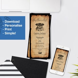 Invitation à une fête d'anniversaire sur le thème des pirates - Invitation personnalisée - Modifiable, Mobile - Téléchargement instantané - Imprimer ou envoyer via garçons, adolescents, adultes