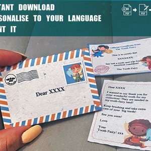 May include: A printable tooth fairy certificate and letter. The certificate is a light blue and white design with a tooth fairy illustration. The letter is a light brown design with a tooth fairy illustration and the text "Dear XXXX I wanted to say thank you for your wonderful tooth for my collection! They are needed in my tooth-fairy land! Keep brushing and take extra care of your big tooth! See you soon! Love Your Tooth Fairy! xxx".