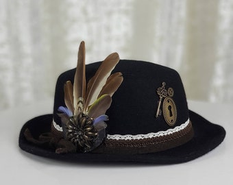 Black Steampunk Fedora Hat in Wool Felt with Removable Rare Feathers