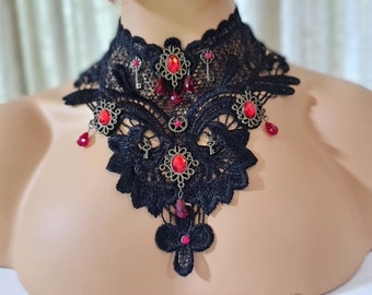 Gothic Steampunk Victorian Collar, black lace bib necklace with red diamontes and brass keys