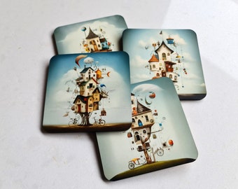 Set of Drink Coasters Decorated with Four Different Quirky Wizard House Artworks - Great Present