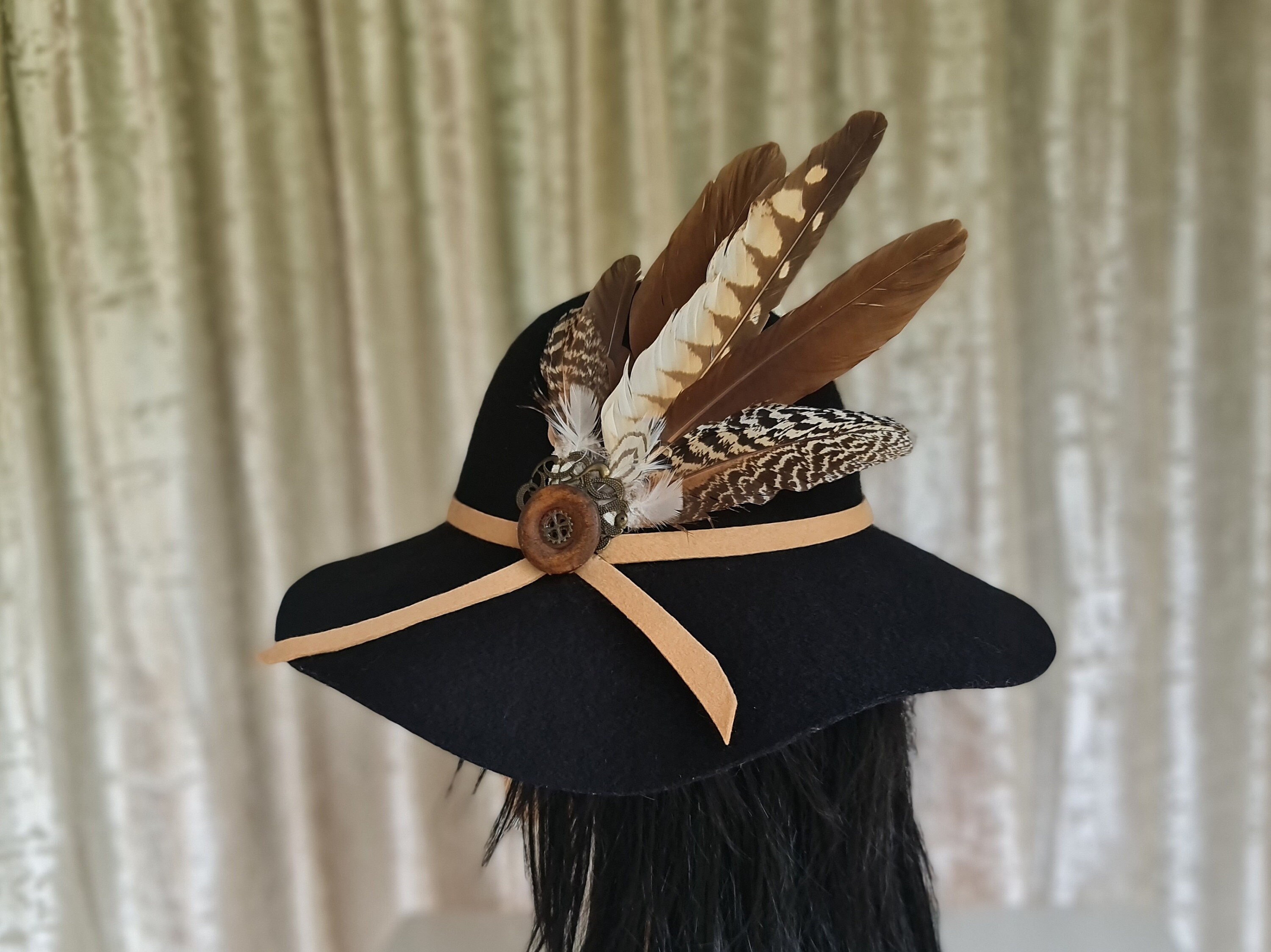 Camel Fedora with Black Band & Gold Buckle Black Wide-brimmed Fedora Hat in Wool Felt With Camel Band  main image 2