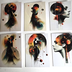 Elegant Greeting Card Set, 6 Cards, Dramatic Modern Illustration, Graphic Art, Anniversary Cards