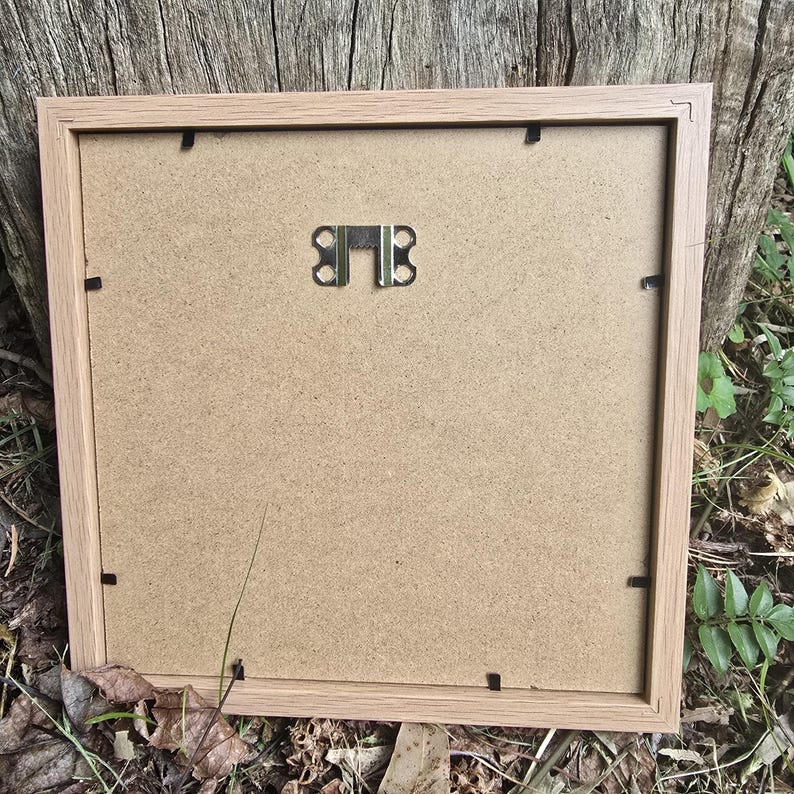 May include: A light brown wooden picture frame with a brown cardboard backing. The frame has a metal hanging hook on the back.