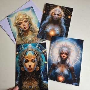 Conjunto de tarjetas de felicitación, 4 tarjetas de diosa, arte digital dramático, ilustración, tarjetas metafísicas
