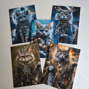 Lindo conjunto de tarjetas de felicitación para gatos, 5 tarjetas de arte de la diosa del gato, ilustraciones, arte digital, tarjetas para todas las ocasiones