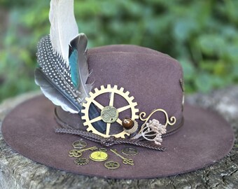 Steampunk Feathered Brown Distressed Fedora Whiskey Trail- Rivet Distressed Fedora Charcoal Brown  main image 2