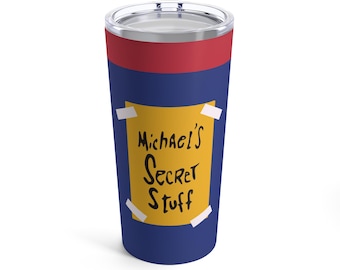 May include: A blue stainless steel tumbler with a red band and a yellow sticky note that says "Michael's Secret Stuff".