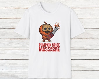 Pumpkin Spice Massacre Tee | Funny Texas Chainsaw Parody Shirt | Halloween Jack-O’-Lantern Chainsaw T-Shirt