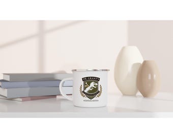 White 12oz EnDr. Grant’s Paleontology Institute Enamel Mug | Subtle Dinosaur Movie Reference | Camping Style Coffee Cup