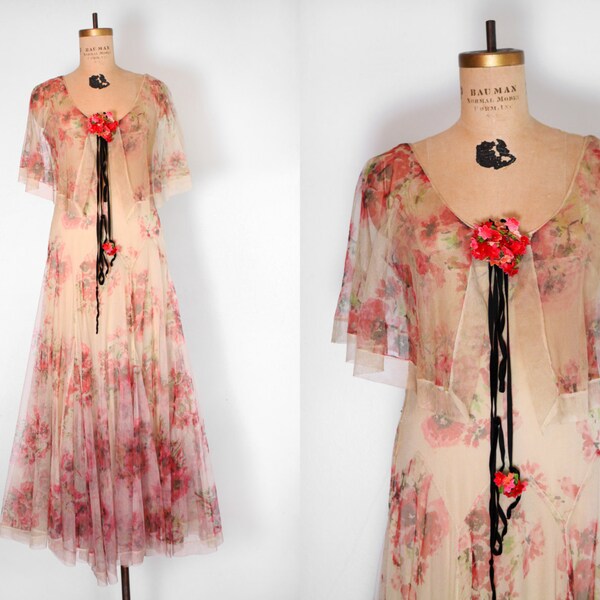 Vintage 1930s Dress / Printed Tulle Net Dress / Rare 1930s Dress