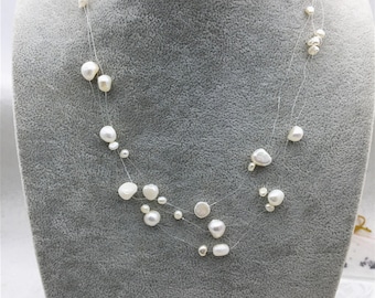 17.5 inches  3 rows floating necklace,illusion necklace,multi strand necklace,white pearl necklace,bridesmaid necklace,NPN3-014