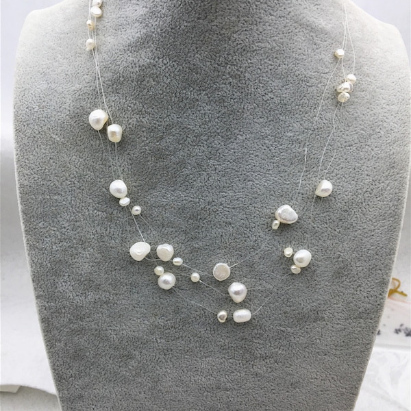 17.5 inches  3 rows floating necklace,illusion necklace,multi strand necklace,white pearl necklace,bridesmaid necklace,NPN3-014