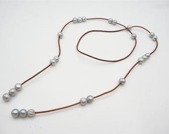 10mm Gray Freshwater Pearl and Leather Lariat Long Necklace,Tan Leather Pearl necklace, Leather pearl, Le5-006