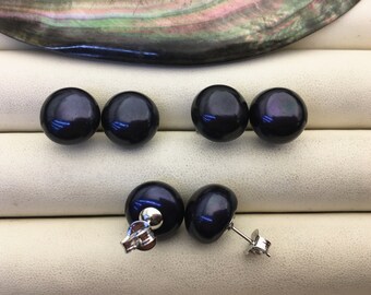 AAA 13-13.5mm big black blue pearl stud earrings,Sterling Silver,SE1-072