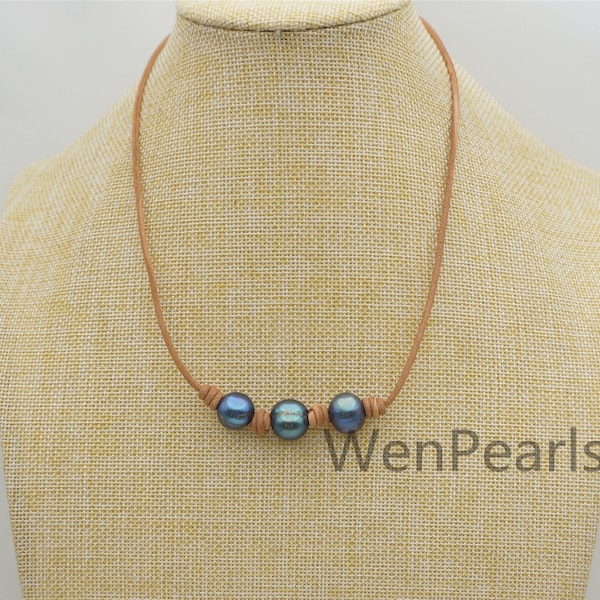 Three Big Blue Pearl Leather necklace,Green Freshwater pearl, Birthday,Black Leather Pearl necklace,Select leather color,Le4-049
