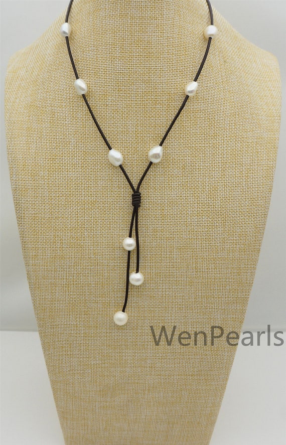 Nugget Pearl Leather Drop Part Necklacepearl and Leather - Etsy