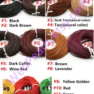 May include: Eleven spools of leather cord in various colors, including black, brown, tan, red, green, and lavender. Each spool is labeled with a number from 1 to 11. The colors are listed below each spool.