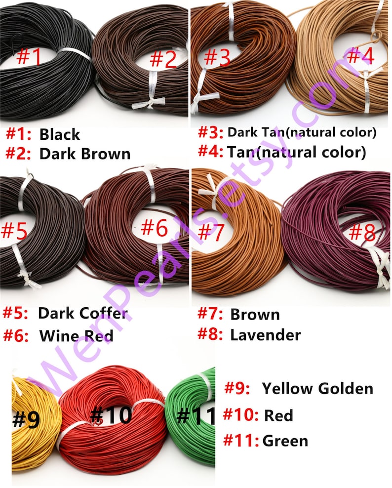May include: Eleven spools of leather cord in various colors, including black, brown, tan, red, green, and lavender. Each spool is labeled with a number from 1 to 11. The colors are listed below each spool.