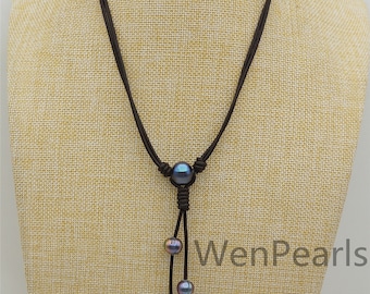 Black Green Potato pearl leather Drop necklace,Pearl and Leather Lariat Necklace,Leather Pearl necklace,Black leather pearl necklace,Le4-055