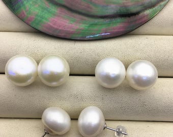 1 pair AA+ 13-14mm very big white round Pearl Stud Earrings,freshwater pearl earrings,SE1-069-20