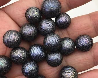 Shine!1pc AAA 11-15mm deep blue black Round Carved Freshwater Pearl - no hole  - Hand Carved - CAC-FLW-8-5