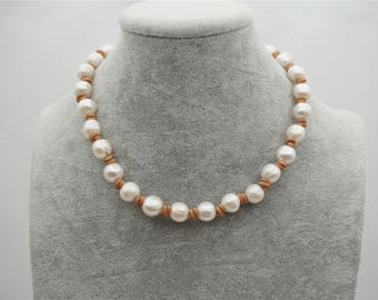 Big Potato Pearl and leather necklace,Genuine Freshwater Pearl Necklace,white pearl necklace,wholesale,Le5-008