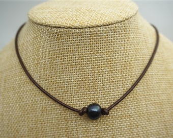 black pearl necklace,Freshwater pearl and leather necklace,Black pearl leather necklace,Pearl Choker,leather pearl necklace,Le1-016