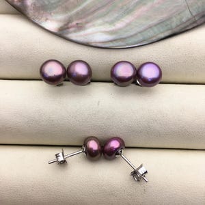 AAA 7-8mm Purple Rainbow Pearl Stud Earrings, pearl earrings,S925 Sterling Silver,Wedding,classic pearl studs,SE1-065