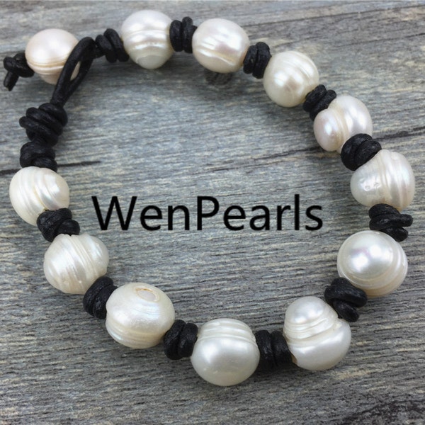 11mm big pearl bracelet,Leather Pearls Bracelet, Handmade Cuff,White Pearls on Brown Leather,Black leather bracelet,Le7-029