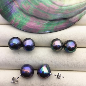 2 pairs AA+ 10-12mm purple black baroque near round edison pearl stud earrings,Sterling Sliver earrings,wedding pearl earrings,SE3-T9-57