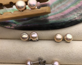 1 pair AAA 5-9mm Natural Golden Rainbow Pearl stud earrings,sterling silver stud earrings,Wedding,Happiness,bridal,SE1-005