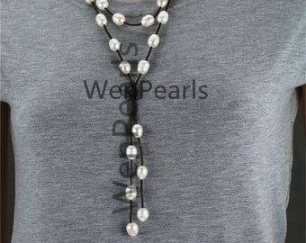 Collana a due file di perle e pelle,Collana fluttuante di perle e pelle,Collana di perle multifilo,Collana di perle e pelle,Le3-071