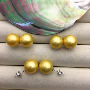 1 pair AA+ 11-12mm yellow round edison pearl stud earrings,S925 Sterling Sliver stud earrings,wedding pearl earrings,SE3-T9-37