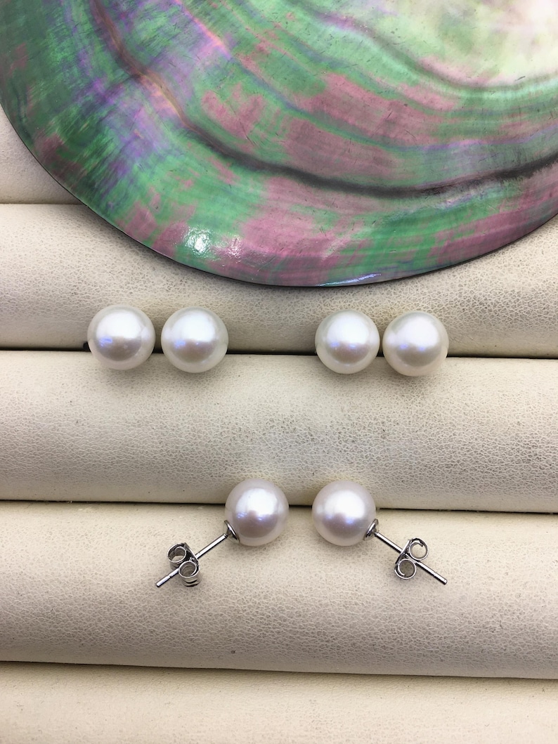 AAA 9-9.5mm White Round Fresh Water pearl stud earrings,Bridal Earrings-Wedding Jewelry-Bridal jewelry-Birthday gift,SE3-090 image 4
