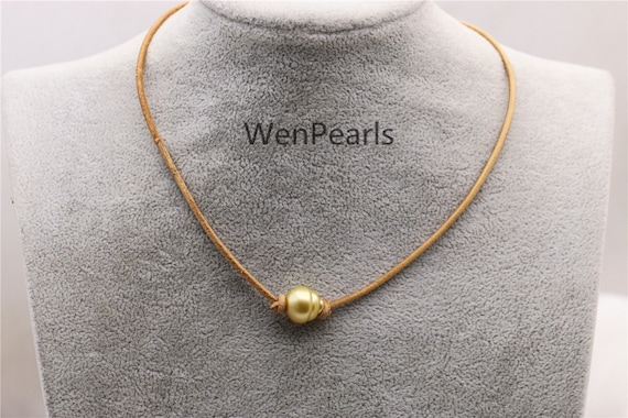 南洋ゴールデンパールチョーカー、レザーネックレス、高光沢パール