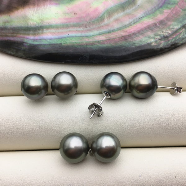 1 pair AA+ 9.5-10mm natural gray green near round tahitian pearl stud earrings,sterling silver,SE3-109-1