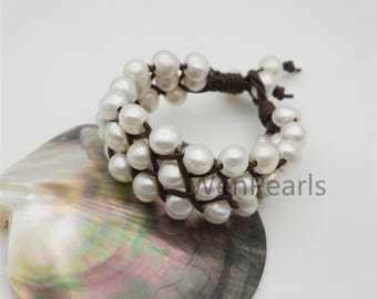 Three Rows nugget Pearl fashion jewelry,pearl Leather Pearls Bracelet - plait leather bracelet - Genuine freshwater pearl  - Le7-161